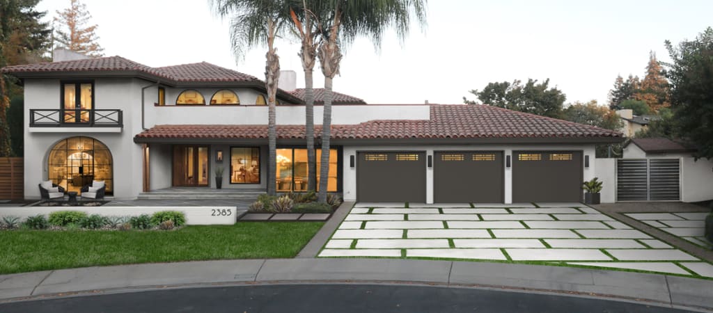Virtual exterior design of a home with an update driveway and pathway to the front porch and patio
