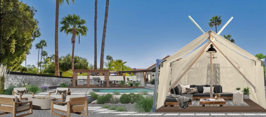 A rendering of a pool and a teepee