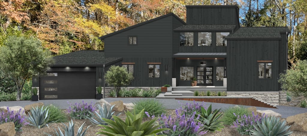 A rendering of a modern mountain house with a dark exterior color palette