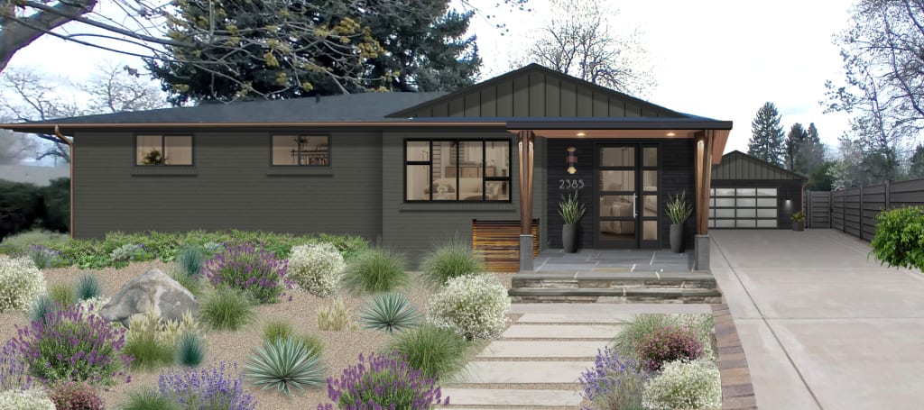 A rendering of a brick home exterior