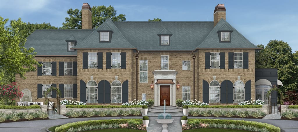 french country mansion with copper door awning