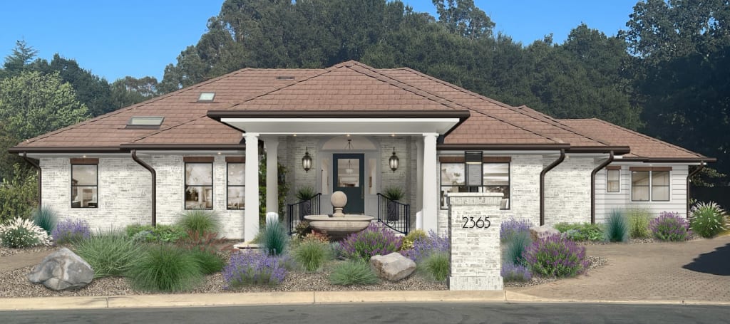 Realistic rendering of a single-story home with a white limewash paint exterior.
