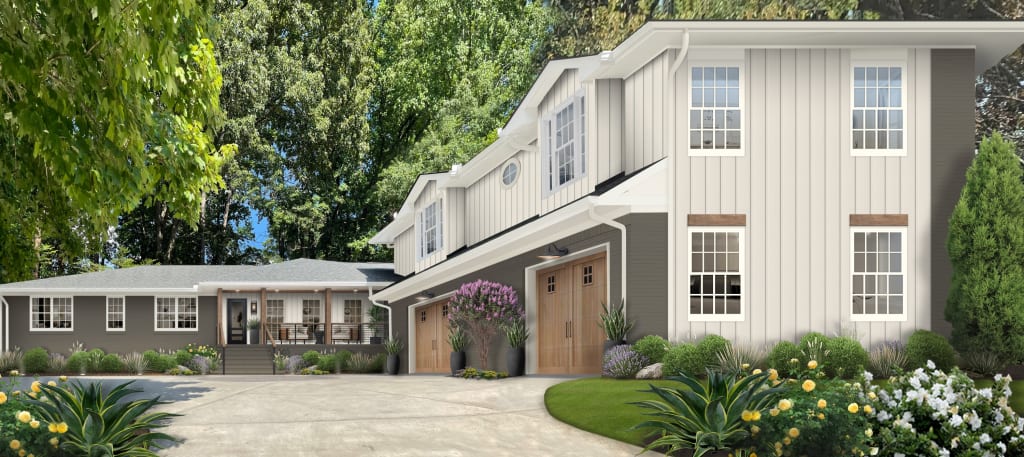 Two story l-shaped home with siding in Magnolia James Hardie color Birch Tree and brick painted in Deep Creek