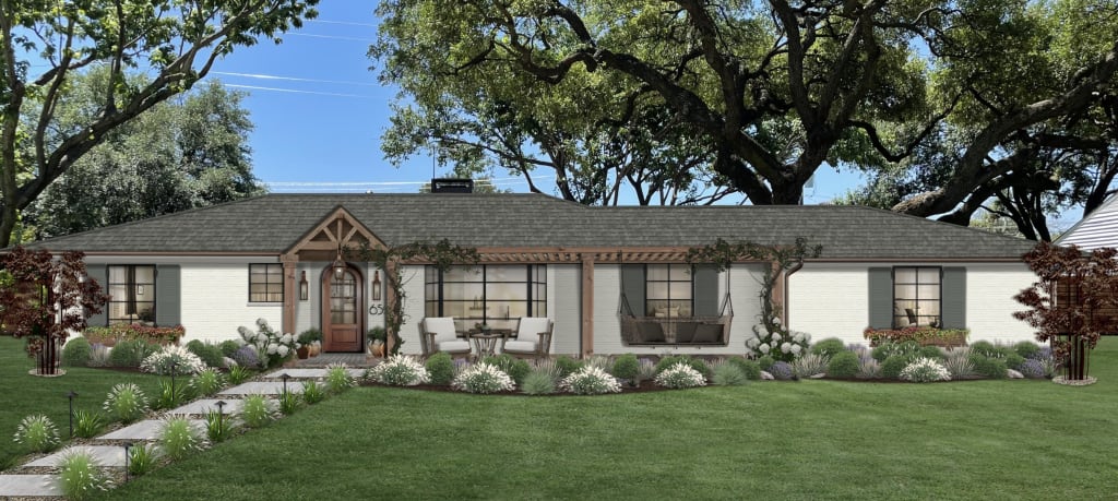 A virtual rendering of a home with an earthy color palette