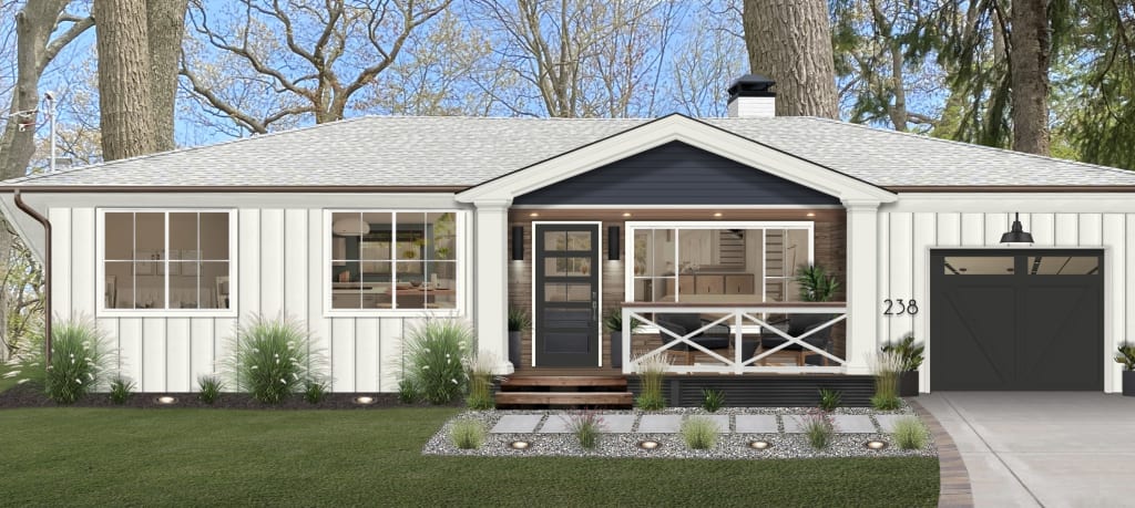 A virtual rendering of a home with light siding and a light roof