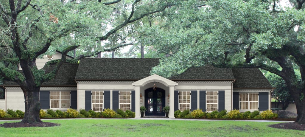 Virtual exterior design of a Colonial single story home painted in Revere Pewter with Hale Navy shutters