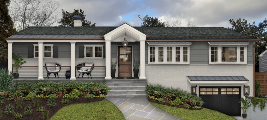 Digital rendering of a home exterior with gray siding and painted brick.