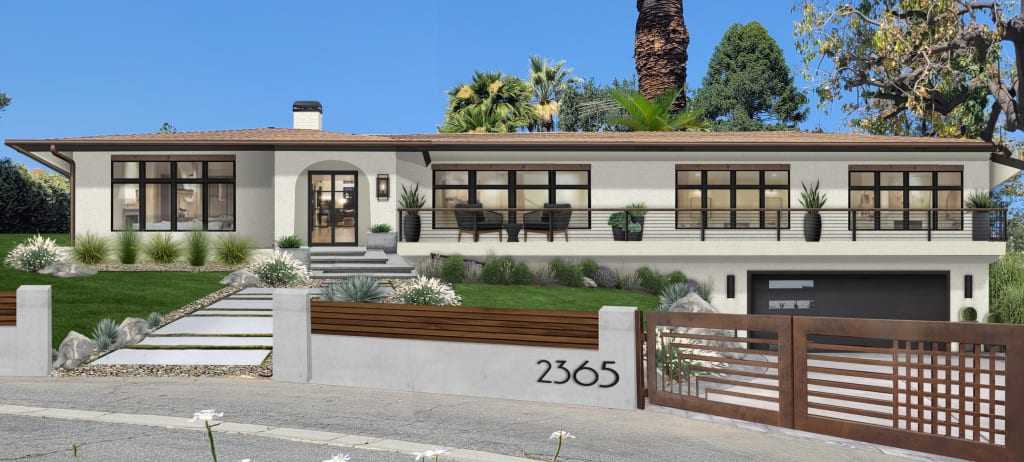 A virtual rendering of a white stucco home