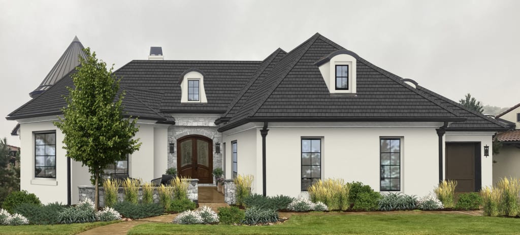 A home rendered in Dover White, one of the best Sherwin Williams exterior paint colors for 2023