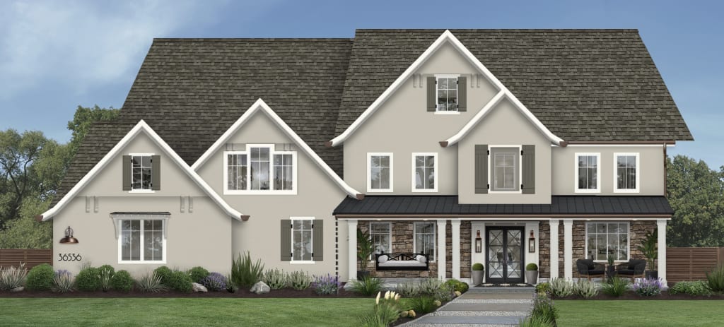 Digital rendering of a traditional three-story home painted in Baby Fawn by Benjamin Moore with dark greige shutters, and white windows.