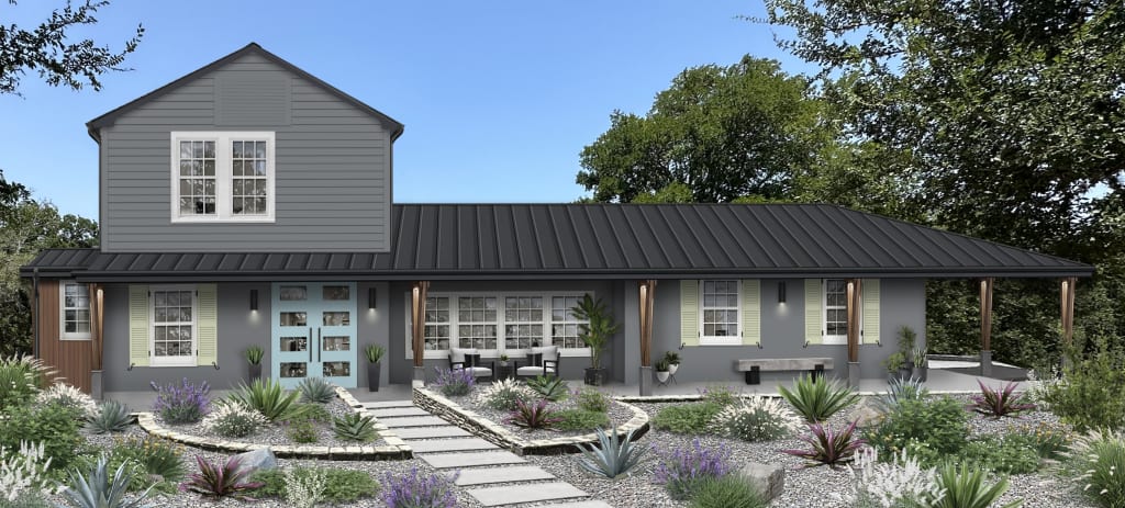 A rendering of a home with a sky blue front door and green shutters