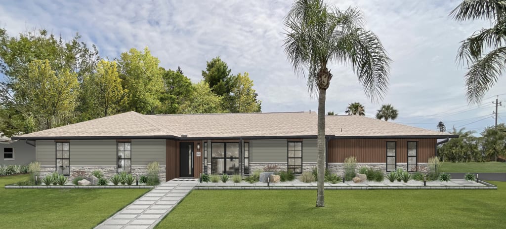A rendering of a home exterior featuring one of brick&batten's favorite Home Depot exterior doors