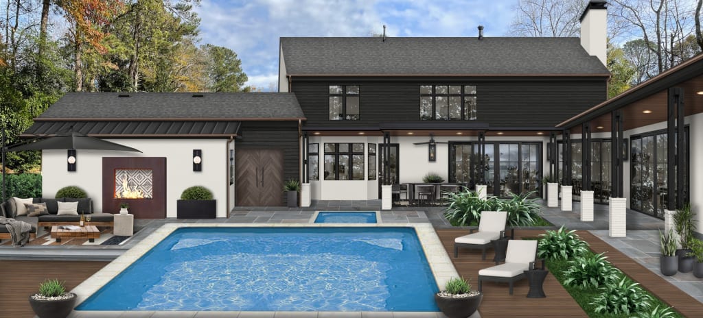 A rendering of a pool house design