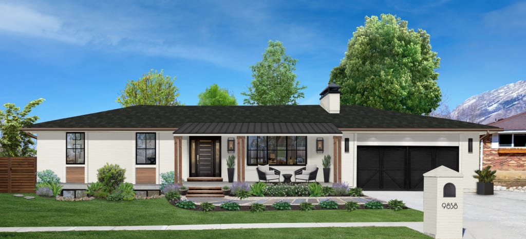 midcentury modern ranch home painted white with porch columns and black garage
