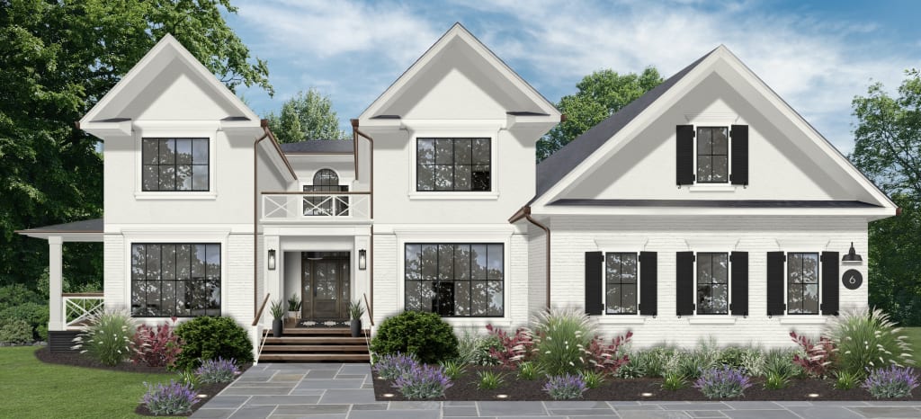 Cloud White rendered on a two-story farmhouse, with black shutters, and bright white trim.