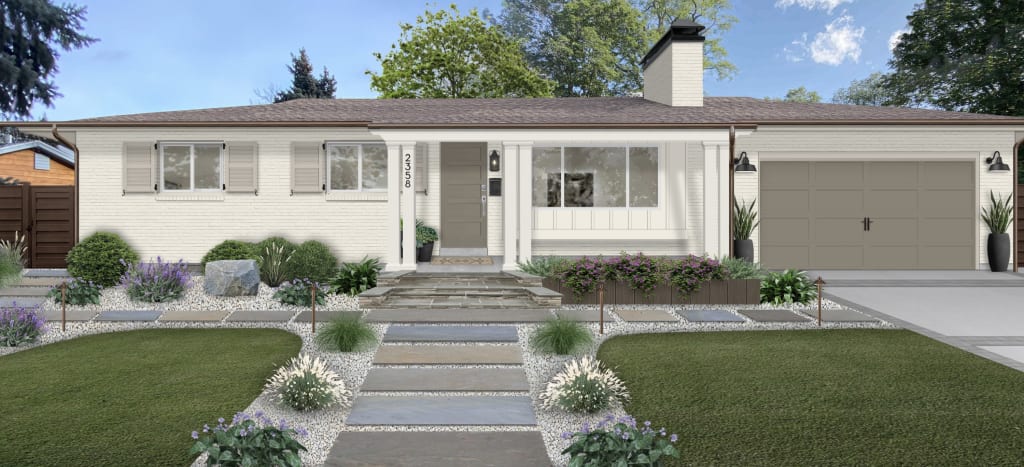 A small home exterior rendered in Shell White by Sherwin Williams