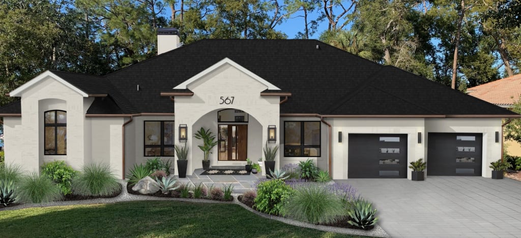 A rendering of a home's exterior featuring an off-white paint color