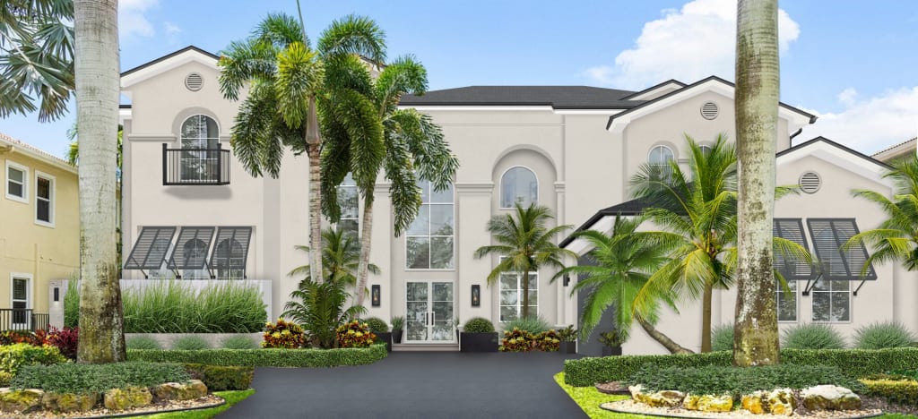 Digital rendering of a stucco beach home painted in Sherwin Williams' Heron Plume with white windows and black accents.