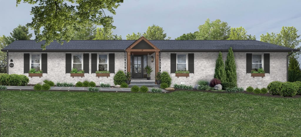 stone ranch with a portico and shutters