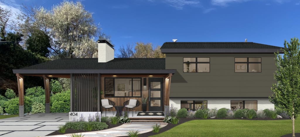 Digital rendering of a mid-century modern home painted in olive green.