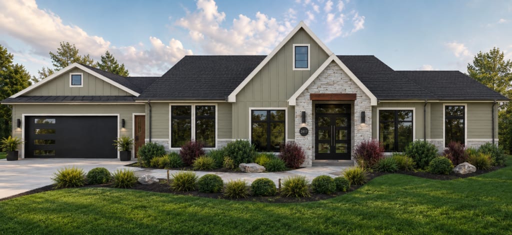 A virtual rendering of a green home with stone accents.