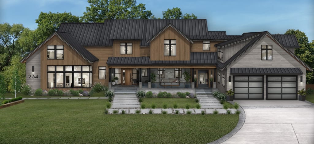A rendering of a home with a black metal roof