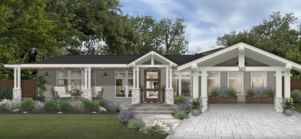 Ranch home with siding rendered in Sherwin Williams' Mountain Road