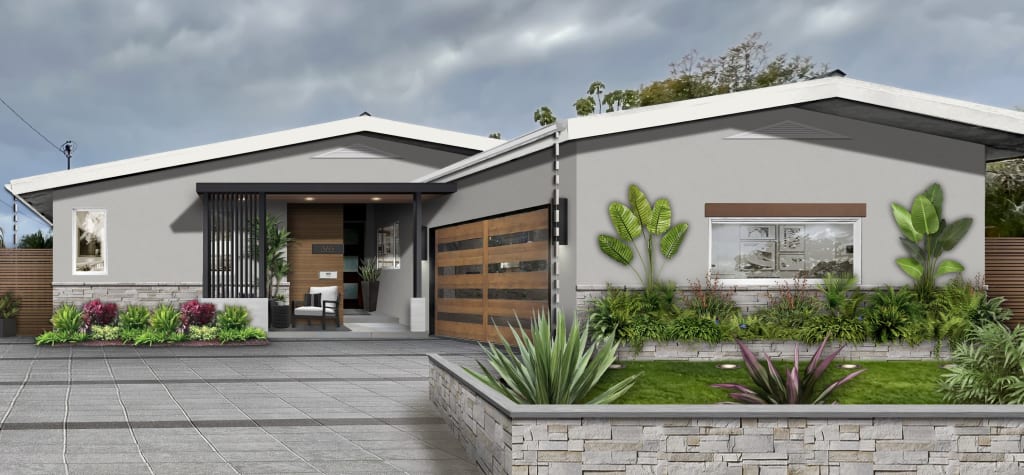 Virtual rendering of a mid-century home with Sherwin Williams' Extra White on the trim and a light gray as the central color.
