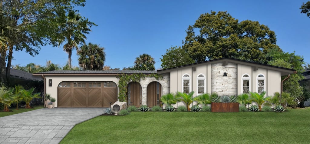 A rendering of a home with a tropical garden layout