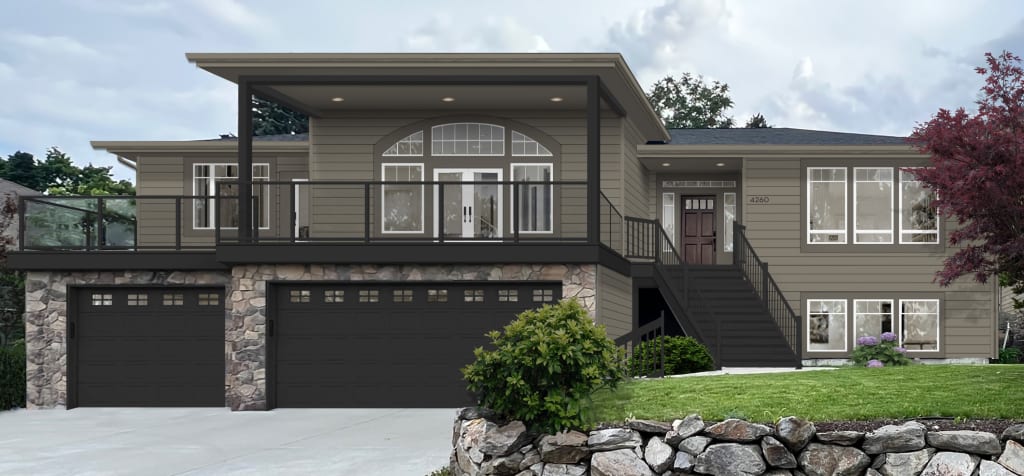 A dark green-brown elevated home with black garage doors, railings, and columns.