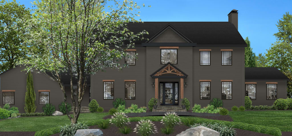 A rendering of a home with a glass front door design