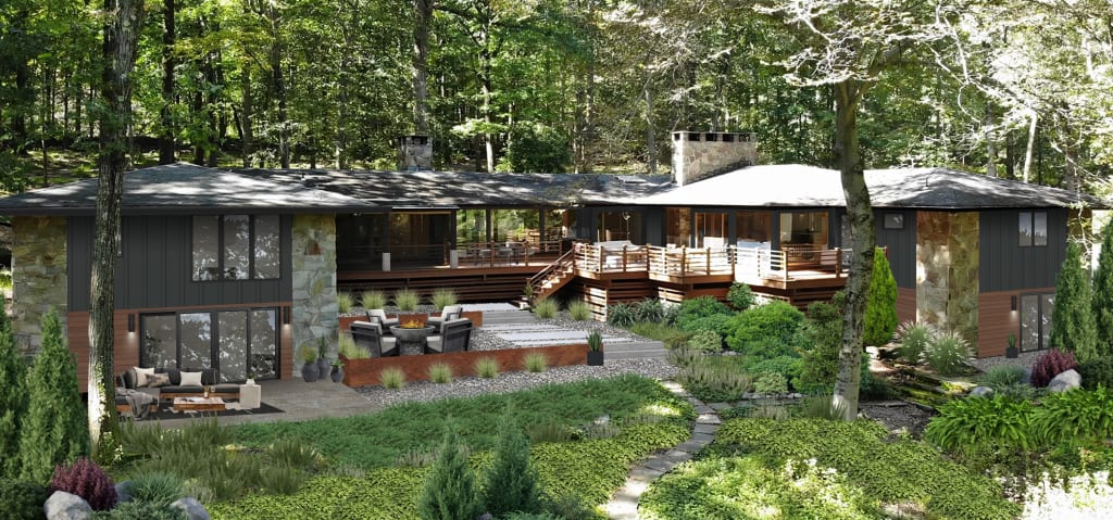 Sprawling home with a first floor and walk-out basement, large deck, and multiple entertaining spaces.