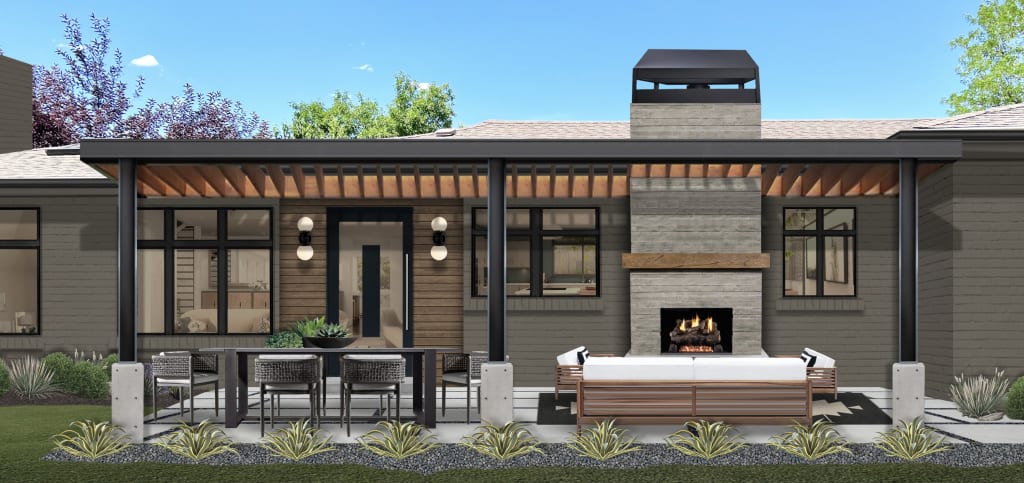 Digital rendering of a modern rancher with a stacked stone fireplace, an outdoor dining table, and black accents.