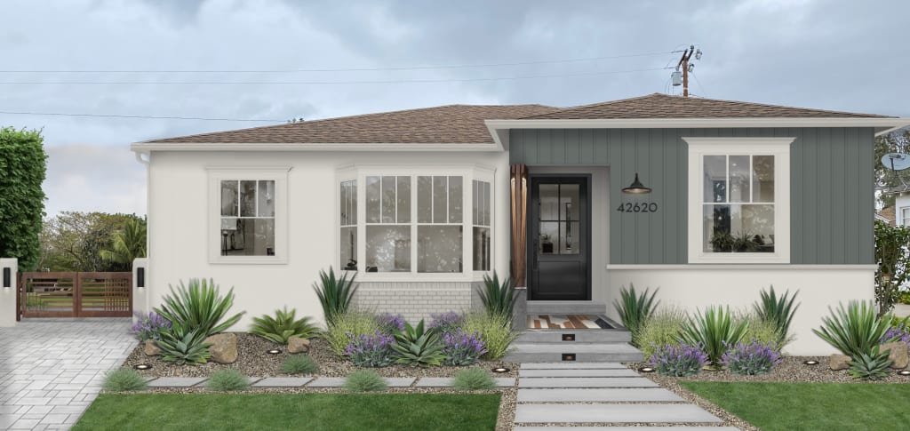 one story home with chunky white window trim and a black front door