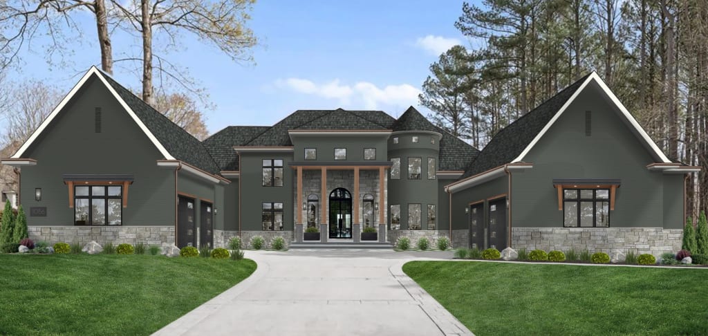 Large farmhouse with wood and stone columns, stone skirting, and white trim.