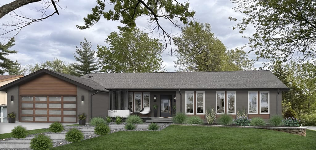 Virtual rendering of ranch style home in Gauntlet Gray with a wood paneled garage door and white trimmed windows