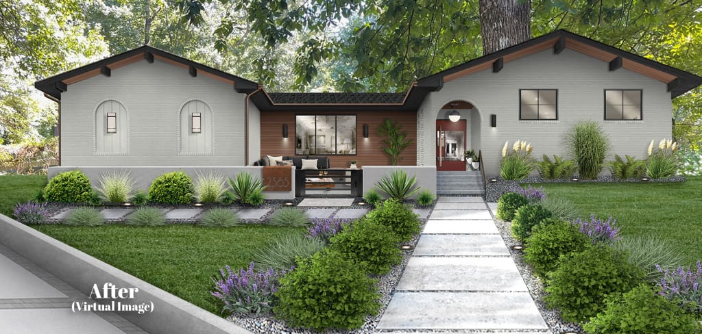 Mid-century home with decorative arches, a large terrace, and stone and paver walkway