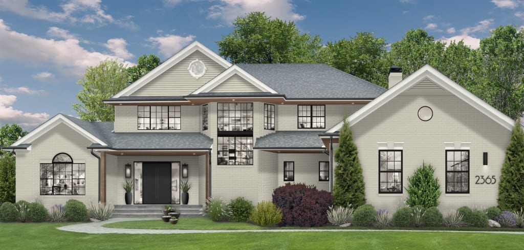 traditional stucco home with copper gutters and black windows,