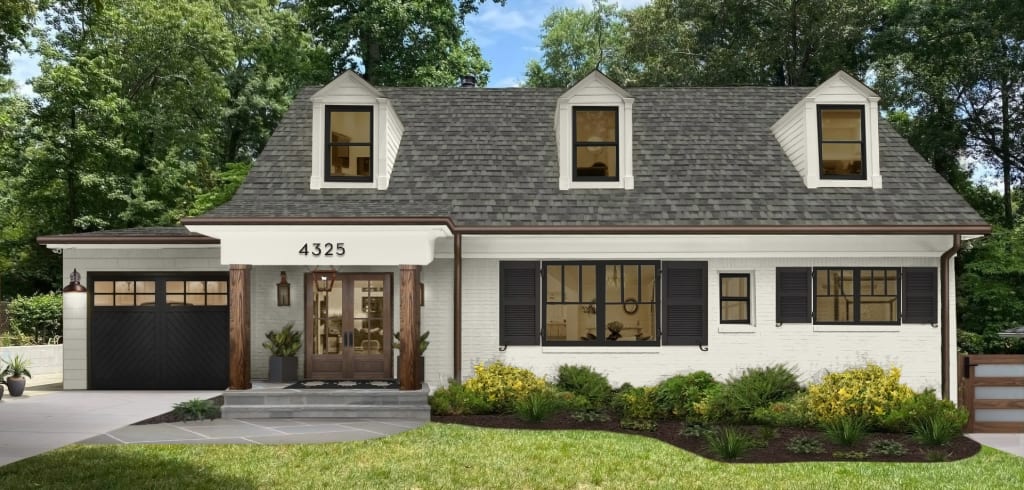 Exterior virtual renovation of a home that uses Seapearl by Benjamin Moore on the main house, with black on the shutters and garage door..