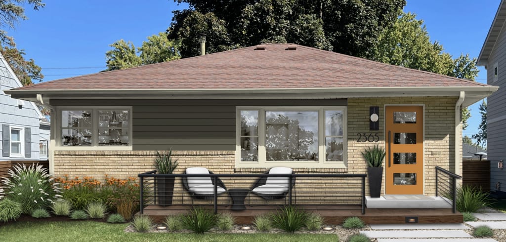small house with green siding and an orange front door