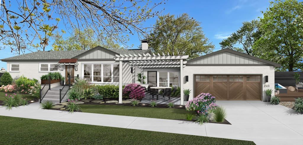 traditional ranch with a pergola-covered patio and a door awning at the entrance