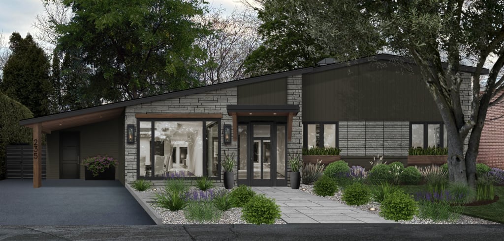Digital rendering of a mid-century modern home with stone siding and a large picture window in the dining room.