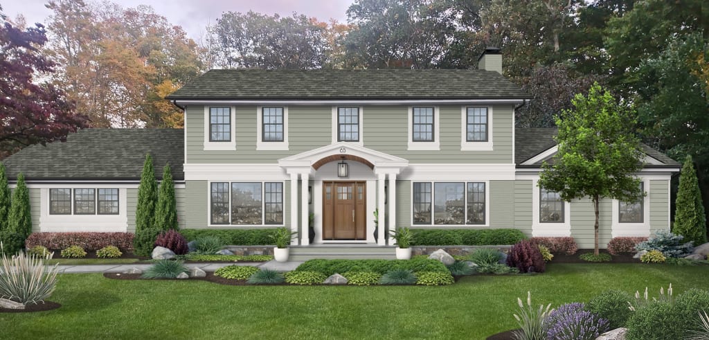 Home exterior with sage green and white color palette.