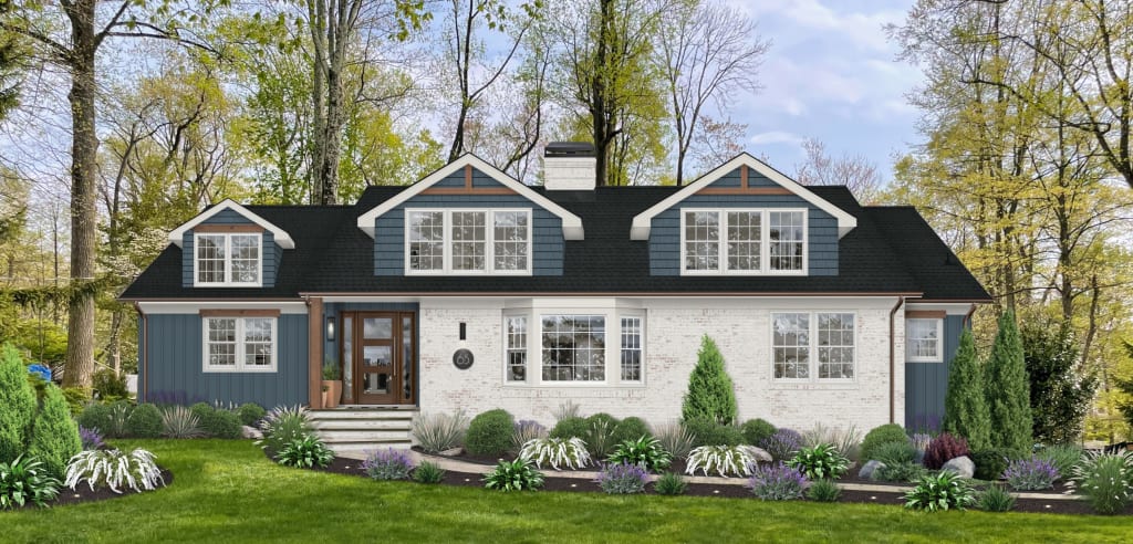Virtual rendering of a traditional home with blue siding and lime washed white brick, with white windows and wood gables.