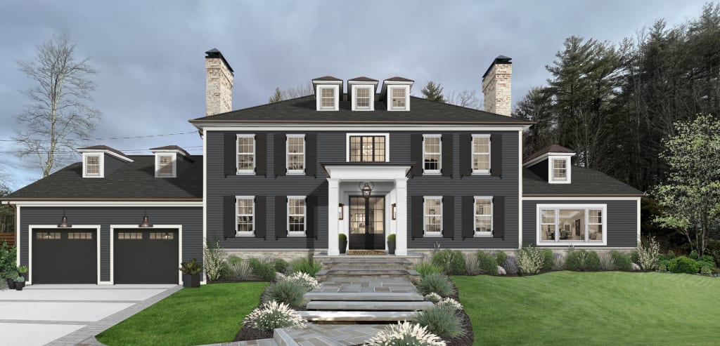 A home featuring two chimney caps