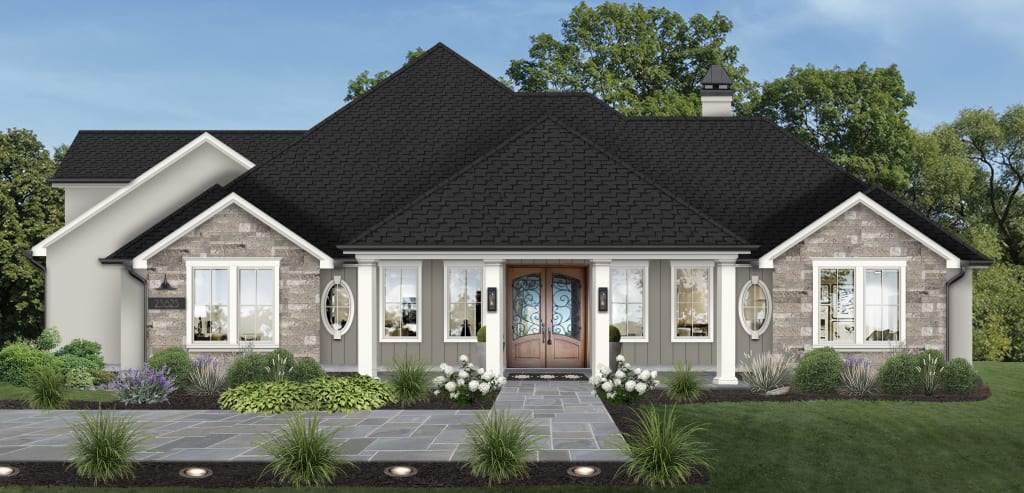 A home with siding rendered in Dovetail by Sherwin Williams