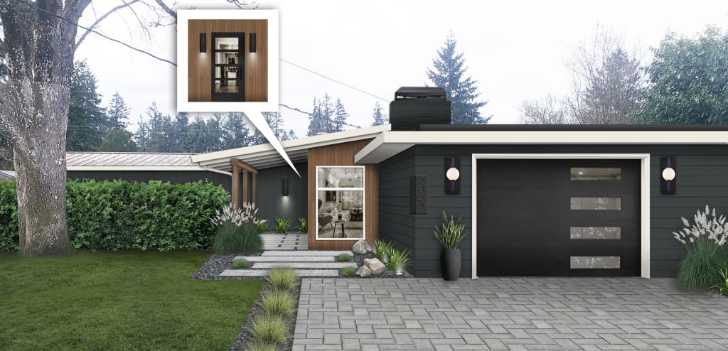 ranch home with dark siding, black garage door, and wood accents