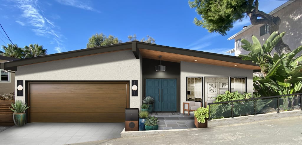 modern house with turquoise double doors surrounded by black paint