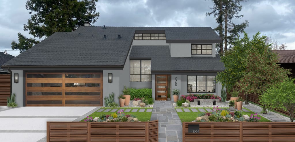 gray house with wood accents and a walkway leading from a wood gate to the front door