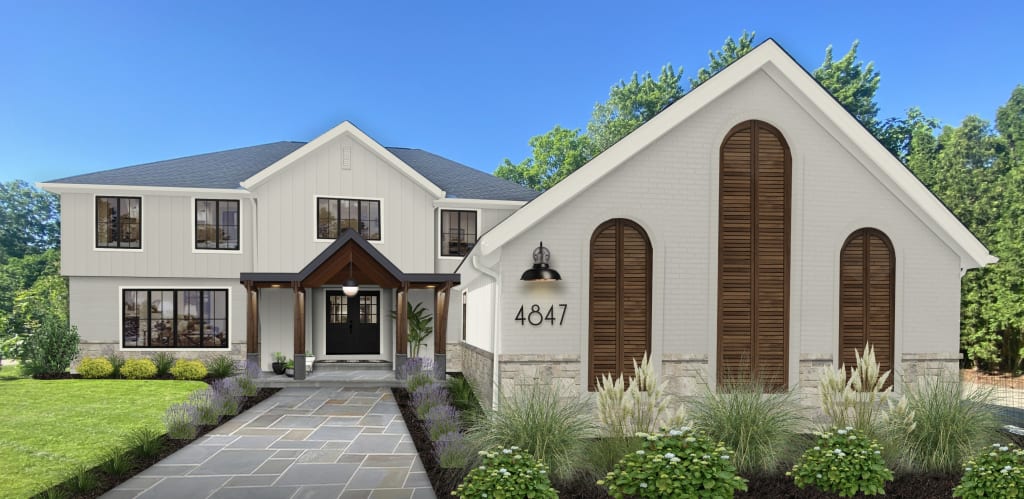 virtual rendering of Modern white farmhouse with wood accents and a stone driveway
